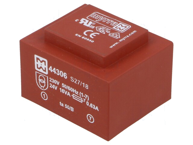 Transformator: ingegoten; 16VA; 230VAC; 24V; 667mA; PCB Transformator: ingegoten; 16VA; 230VAC; 24V; 667mA; PCB